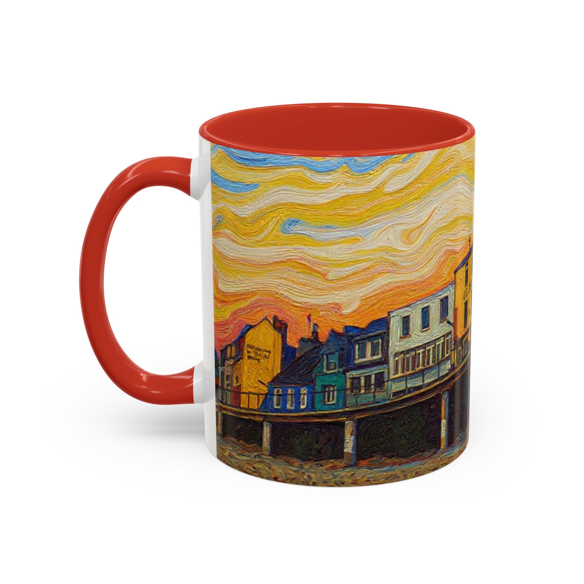 Harbor Pier Sunset Accent Coffee Mug — Scenic Seaside 11/15oz Ceramic