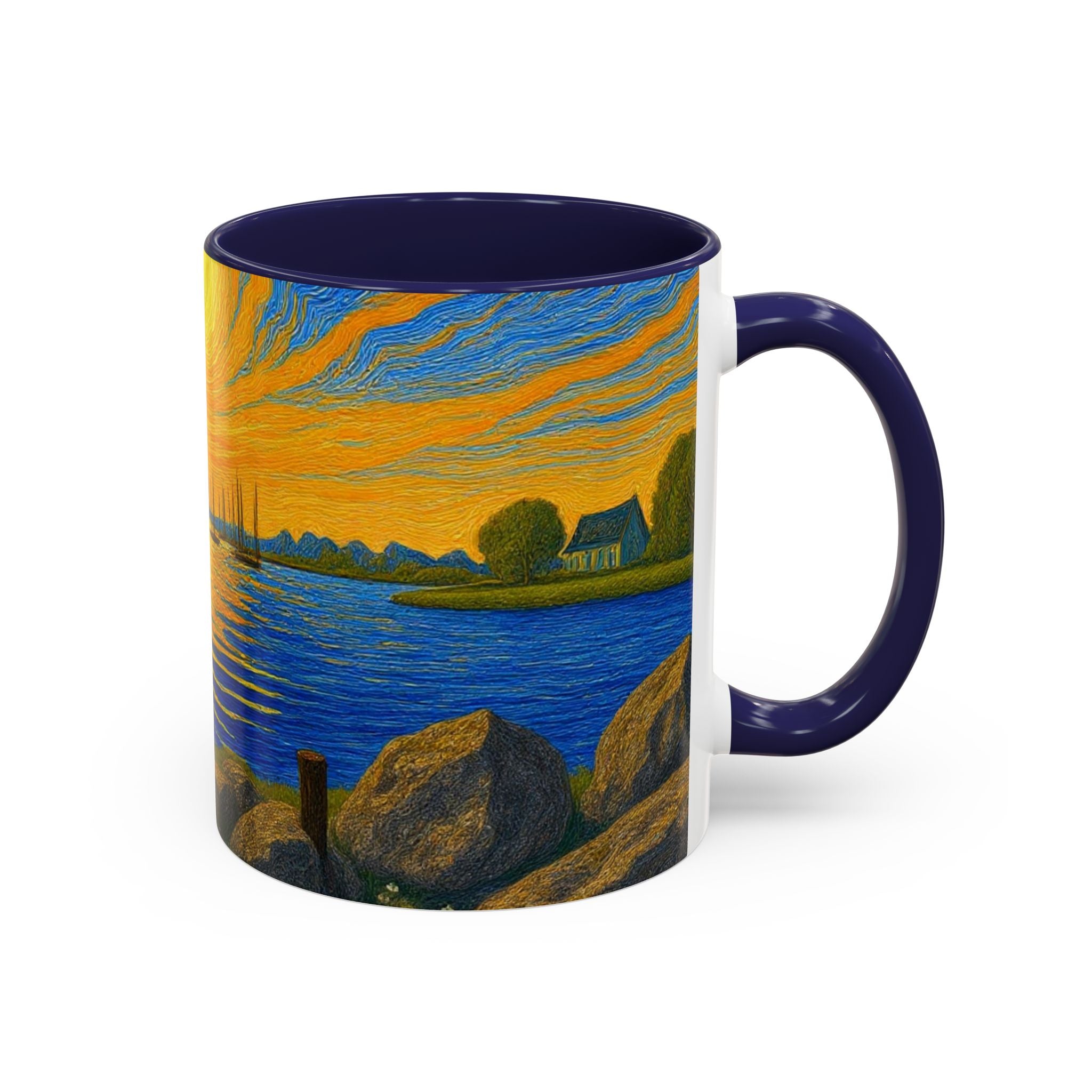 Sunset Harbor Art Coffee Mug — Vibrant Seascape Accent Mug (11/15 oz)