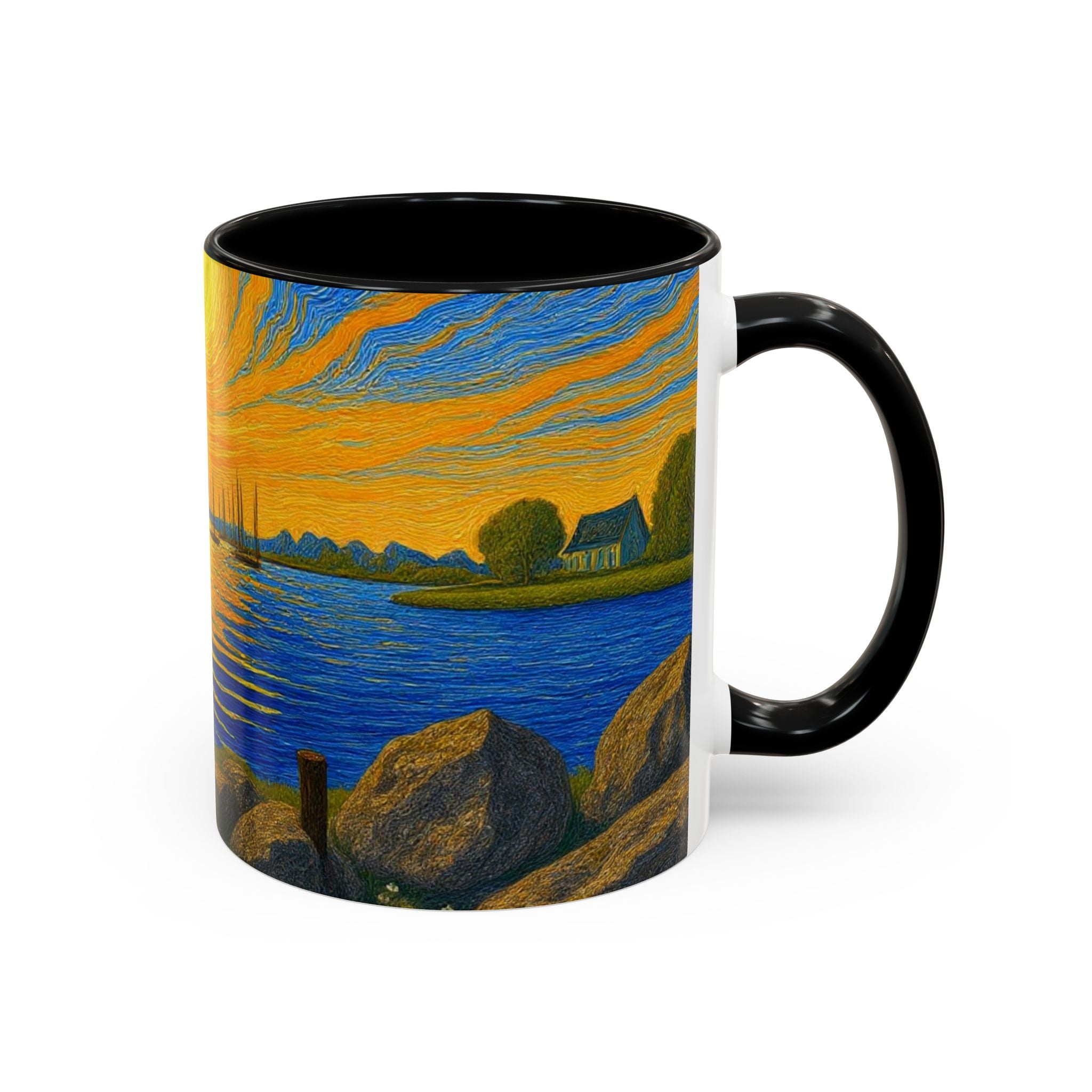 Sunset Harbor Art Coffee Mug — Vibrant Seascape Accent Mug (11/15 oz)