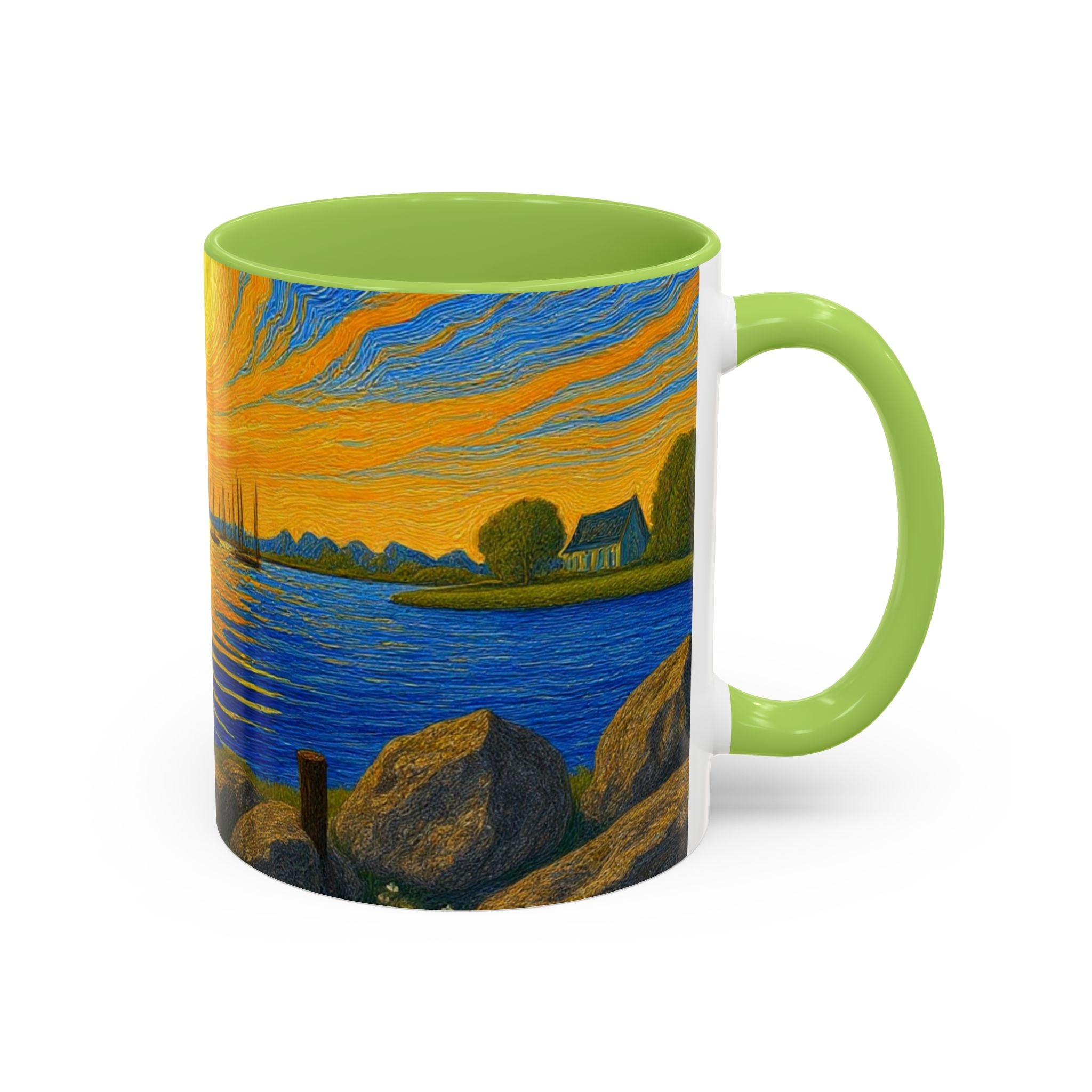 Sunset Harbor Art Coffee Mug — Vibrant Seascape Accent Mug (11/15 oz)