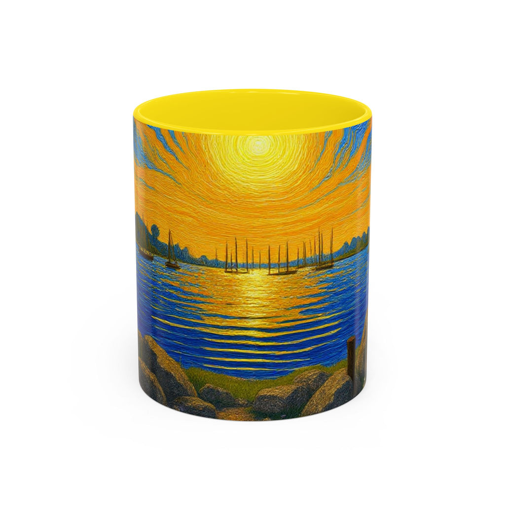 Sunset Harbor Art Coffee Mug — Vibrant Seascape Accent Mug (11/15 oz)