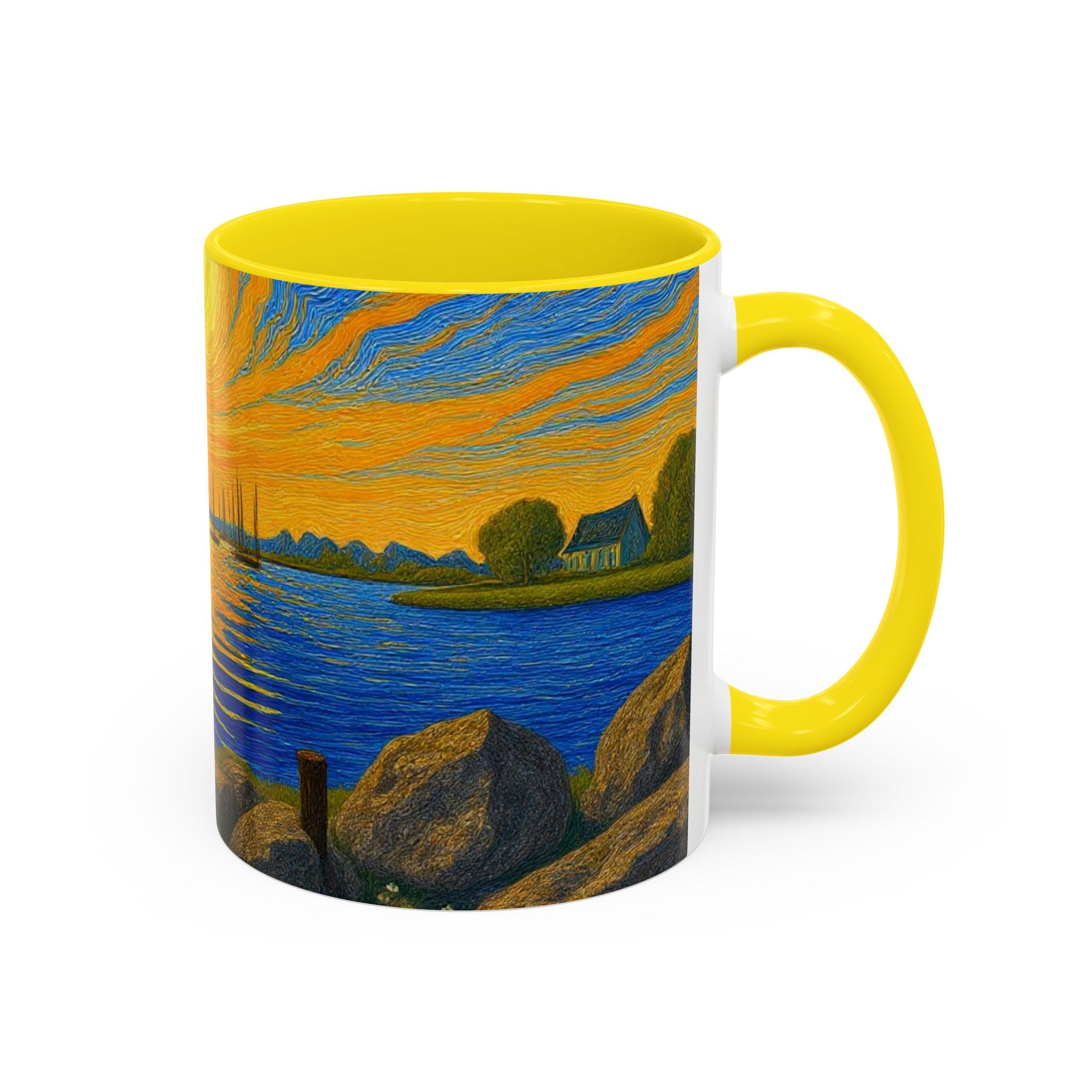 Sunset Harbor Art Coffee Mug — Vibrant Seascape Accent Mug (11/15 oz)