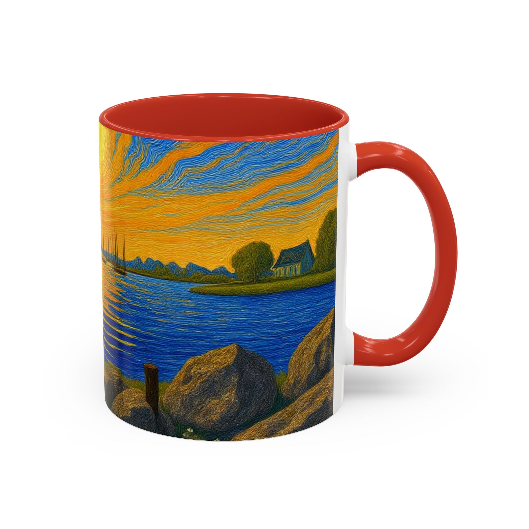 Sunset Harbor Art Coffee Mug — Vibrant Seascape Accent Mug (11/15 oz)