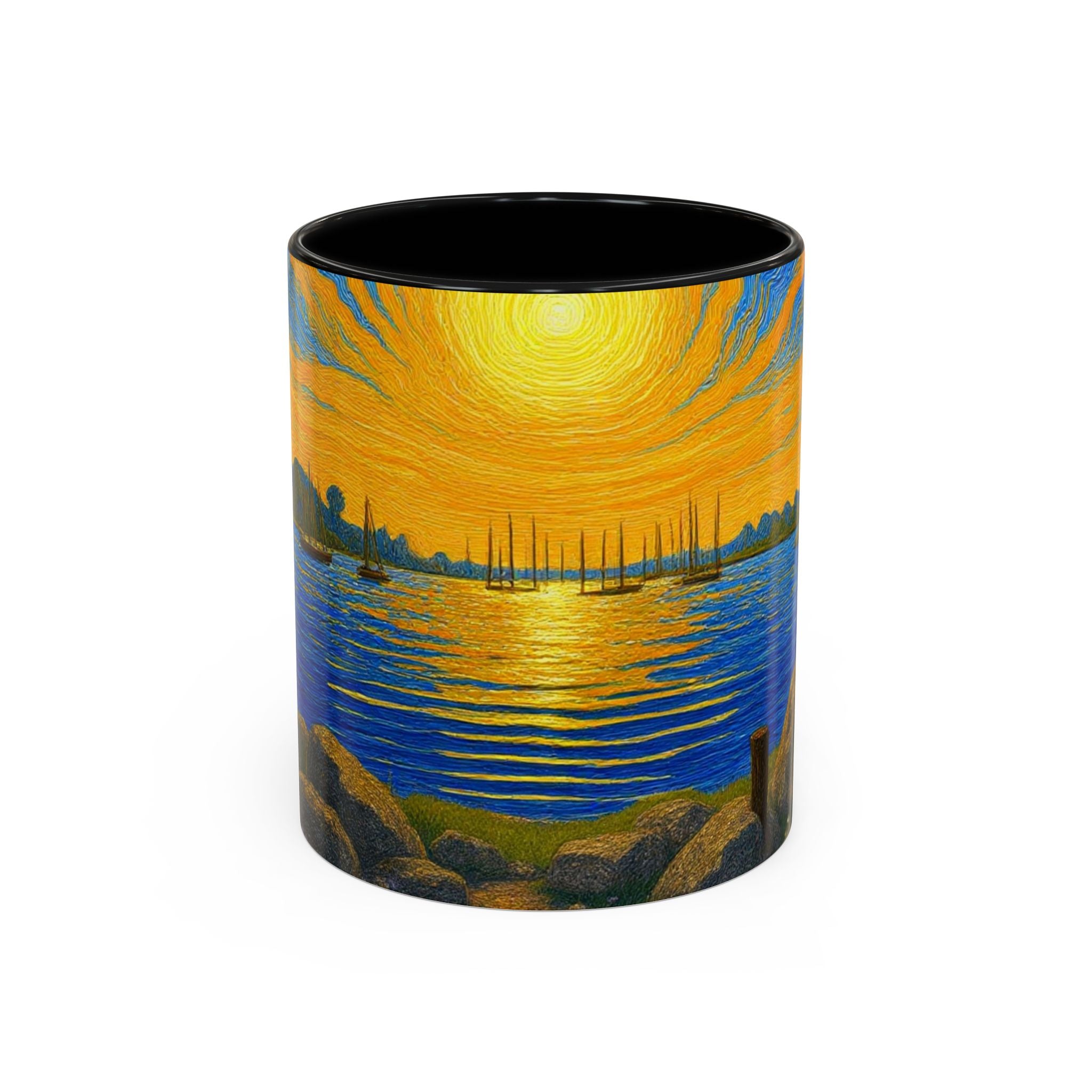 Sunset Harbor Art Coffee Mug — Vibrant Seascape Accent Mug (11/15 oz)
