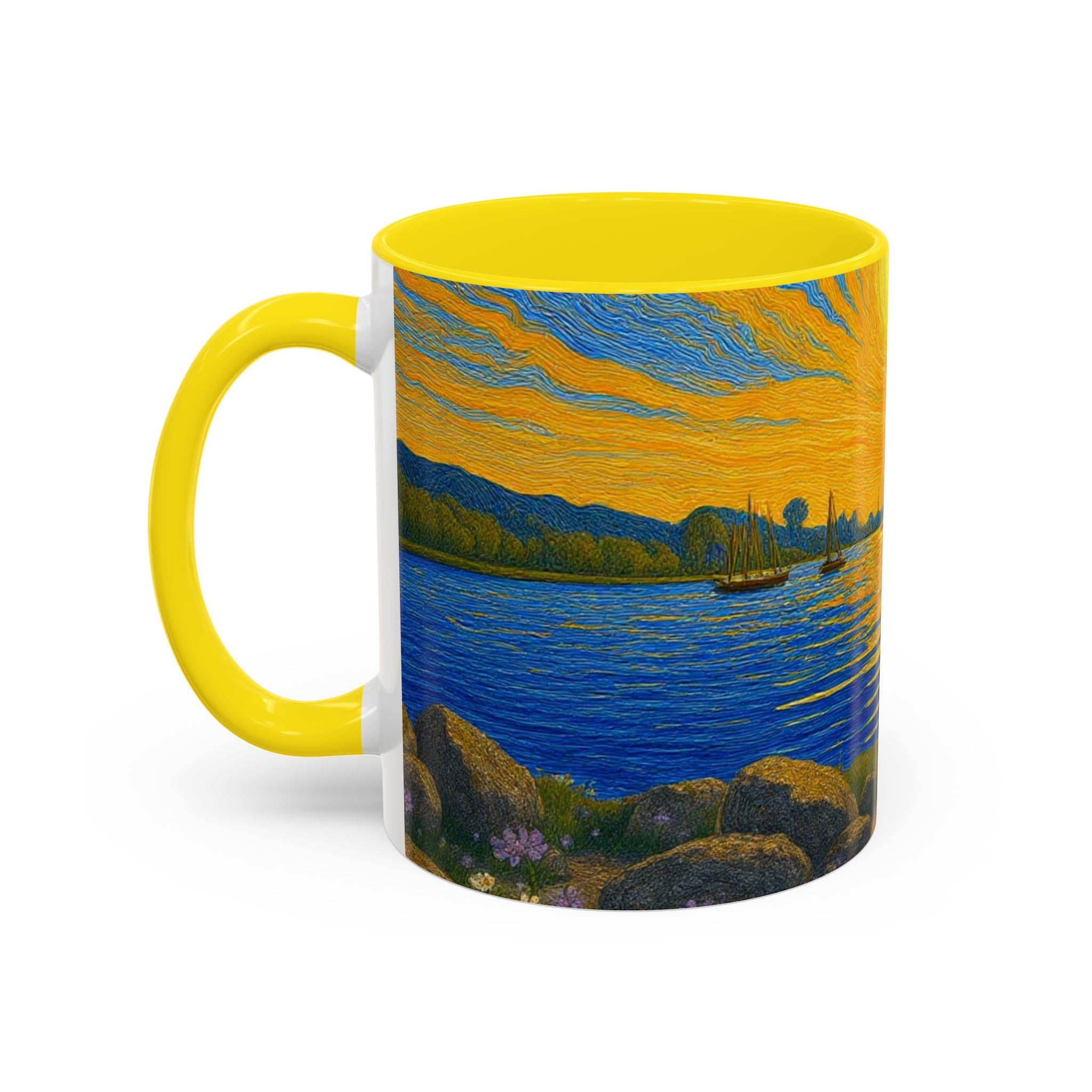 Sunset Harbor Art Coffee Mug — Vibrant Seascape Accent Mug (11/15 oz)